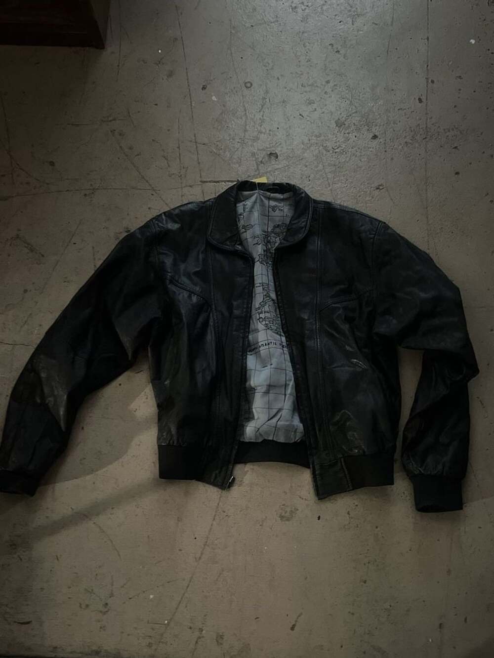 Vintage Black Leather Bomber Jacket With Map Lining